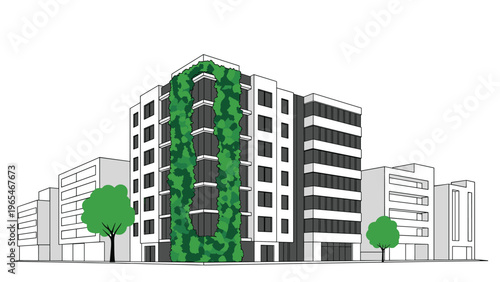 Sustainable city building with a unique circular vertical garden facade for environmental preservation and modern architectural innovation.