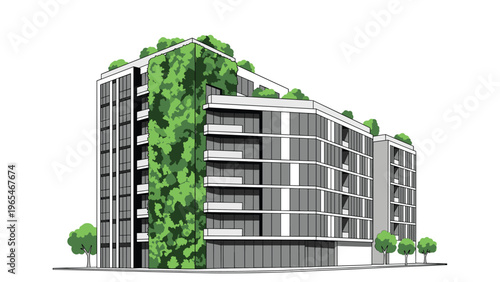 Modern green building design featuring a vertical garden wall and rooftop trees for sustainable urban development and biophilic architecture.
