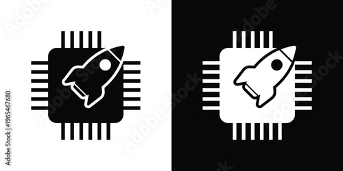 CPU chip icon with a rocket symbol, representing high-speed processing, performance boost, and fast computing. Concept of overclocking, system optimization, and advanced microprocessor tech.