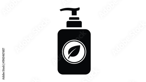 Natural liquid soap dispenser icon with a leaf symbol for eco-friendly personal care products and organic skin hygiene routines.