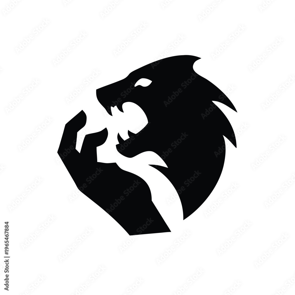 Fototapeta premium Dynamic symbol of primal strength a fierce creature's head emerges from a powerful, strong hand