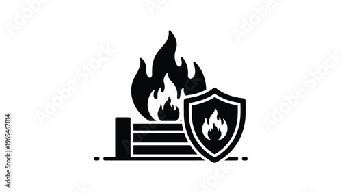 Protective shield icon with a flame symbol used to defend a wooden structure against a large fire in this safety illustration.