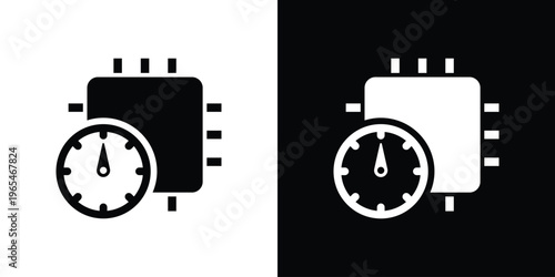 Outline vector icon of a microprocessor with a speedometer. Represents system monitoring, CPU clock speed, and performance tracking. Clean line art for technical diagrams and dashboard UI.