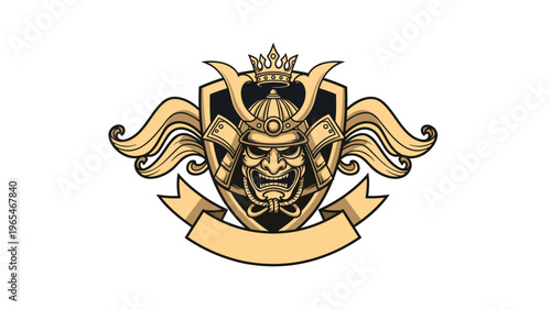 Elaborate samurai warrior crest featuring an oni mask with a helmet and crown set against a shield with a blank ribbon for text.