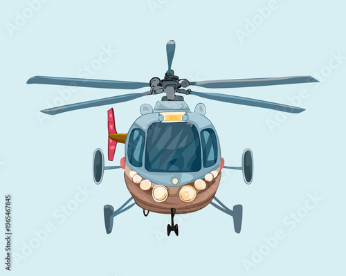Military rescue helicopter flying forward with dual rotors and searchlights in a modern cartoon aesthetic for transportation and emergency services design projects