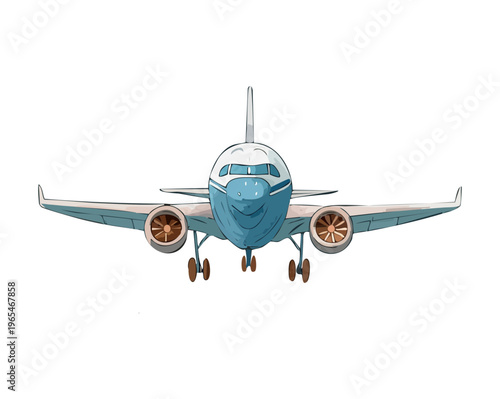 Front view of a commercial passenger airplane landing on the runway with landing gear down and engines running in a flat vector style