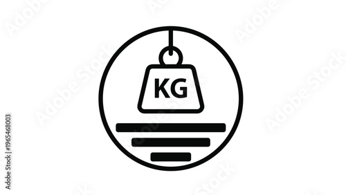 Circular weight icon showing a heavy mass labeled KG hanging from a hook with grounding symbols for physics or lifting concepts.