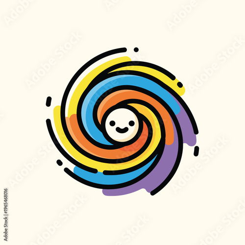 Colorful, abstract illustration, featuring concentric, swirled bands of color around a central, smiling face. The design has a thick black outline