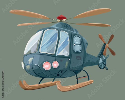 Small agile helicopter flying with a tail rotor and landing skids in a soft blue color palette for aerial surveillance and travel graphics