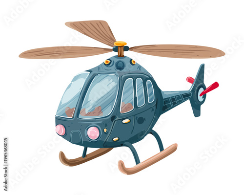 Compact civilian helicopter in flight with a transparent cockpit and sleek rotors for private transport and tourism services in a flat style