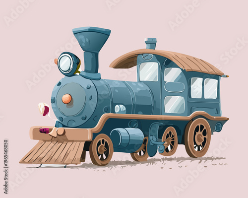 Blue steam engine train with a classic smokestack and decorative elements moving along the rails representing the golden age of rail travel