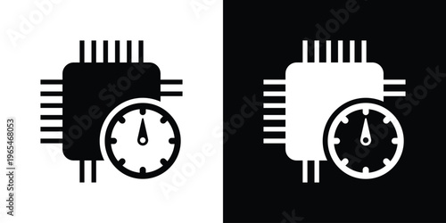 Outline vector icon of a microprocessor with a speedometer. Represents system monitoring, CPU clock speed, and performance tracking. Clean line art for technical diagrams and dashboard UI.