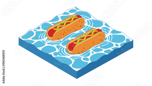 Creative isometric illustration of two delicious hot dogs with condiments floating on blue water with white circular ripples.