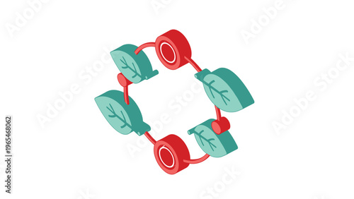 Conceptual isometric diagram of a natural recycling loop showing four green leaves connected in a circle by red node points.