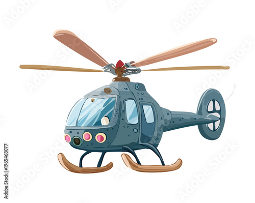 Modern light helicopter flying horizontally with detailed mechanical parts and rotor blades for corporate travel and rapid response transport visuals