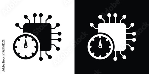 Outline vector icon of a microprocessor with a speedometer. Represents system monitoring, CPU clock speed, and performance tracking. Clean line art for technical diagrams and dashboard UI.