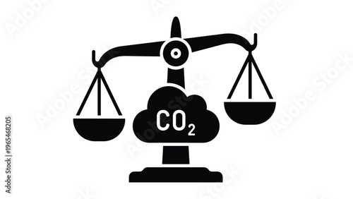 Balance scale icon with a carbon dioxide cloud in the center representing the concept of carbon neutrality and ecological offset.