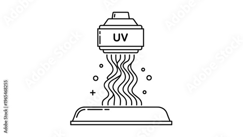 Scientific line art showing a ultraviolet light device emitting waves to sterilize a surface for health and hygiene protection.