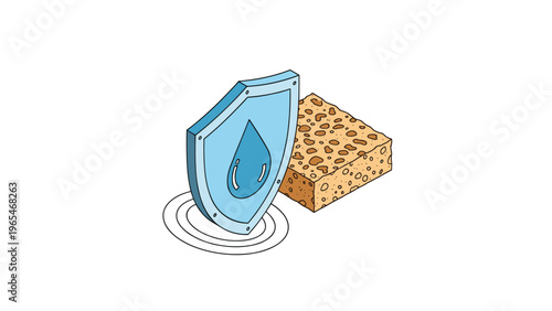 Shield with a water drop protecting a porous sponge material in this isometric illustration for waterproof or cleaning topics.