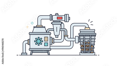 Detailed technical diagram of an industrial filtration machine with complex piping and a collection basket for waste management.