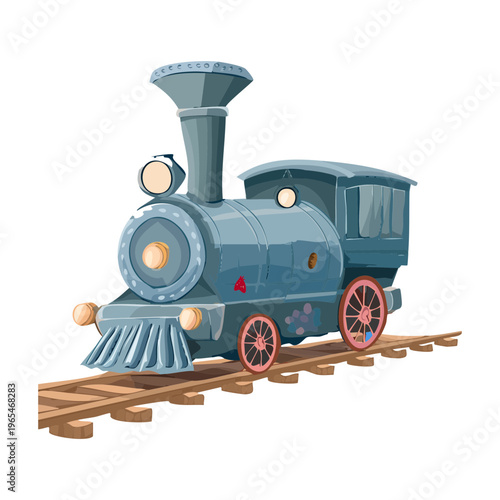 Detailed side view of a classic steam locomotive train sitting on tracks for railway history and industrial revolution era transportation illustrations