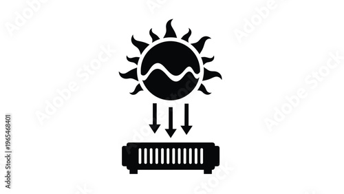 Solar thermal energy icon showing a sun with a wave symbol emitting rays onto a heating radiator in black and white silhouette.