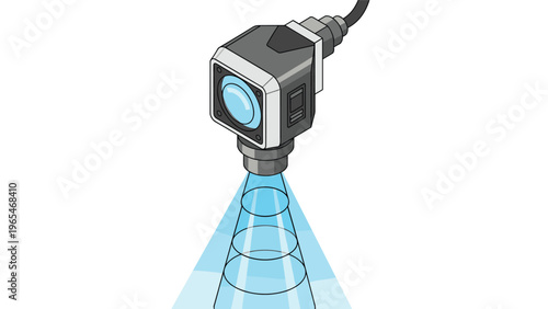Isometric industrial sensor camera emitting a blue cone of light for machine vision and object detection in automated factories.