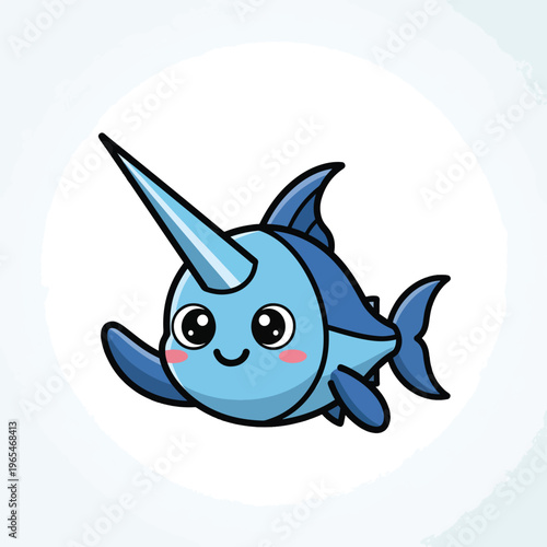 Adorable, cartoon-style illustration of a swordfish character. It has a long horn, big eyes, and rosy cheeks. It is blue, in a watery background