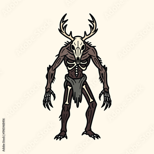 An illustration depicting a humanoid creature with a deer skull for a head, antlers, and exposed bones with a tattered waist cloth