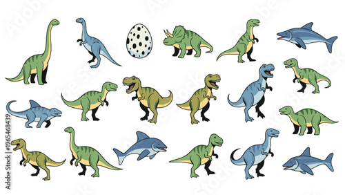 Large collection of various cartoon dinosaur illustrations including predators and herbivores in a flat colorful graphic style.
