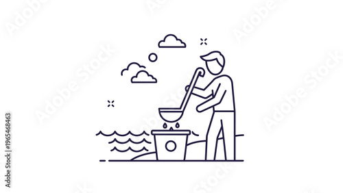 Minimalist line art depicting a man pouring water from a ladle into a bucket on a beach with clouds and a sun in the background.