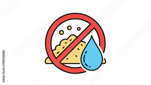 Warning sign with a red prohibition circle over a pile of dry material and a water drop representing moisture sensitivity risks.