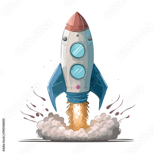 Sleek futuristic space rocket launching with smoke and fire on a light blue background for science fiction and space exploration themes
