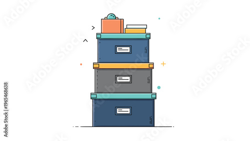 Stack of colorful storage boxes with labels used for organizing office files or personal items in a clean minimalist environment.