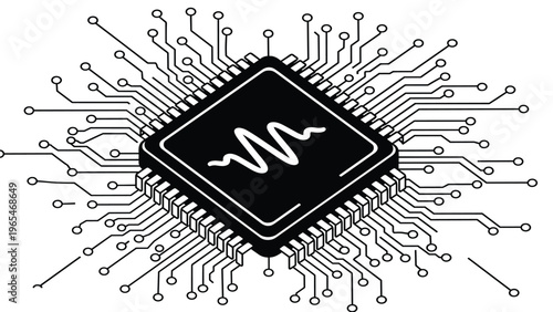 Electronic microchip with extensive circuit pathways and a central wave signal illustrating advanced digital signal processing technology.