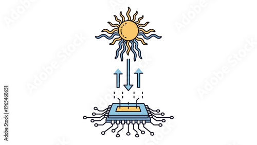 Solar energy power icon showing the sun interacting with a microchip to represent renewable energy technology and smart grid systems.