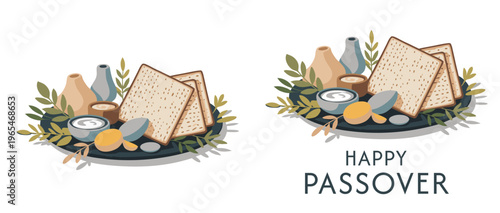Passover festive plate with matzah, beitzah and bitter herbs, vector design isolated on transparent background and greeting card on white background