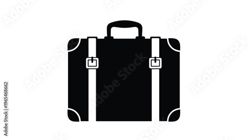 Classic black travel suitcase icon with buckled straps representing luggage for business trips and international tourism adventures.