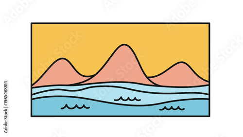 Simple landscape illustration featuring stylized mountains and water waves enclosed within a rectangular border under a warm sky.