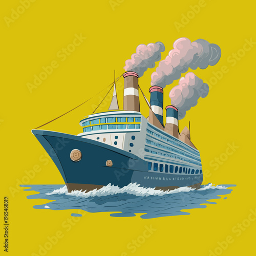 Large cruise ship navigating the open sea on a bright yellow background for vibrant travel agency posters and summer vacation marketing