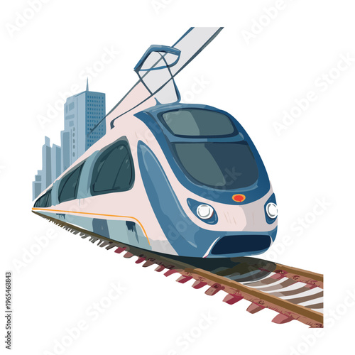 Sleek modern bullet train traveling at high speed on a railway track with a city background for rapid transit and urban travel