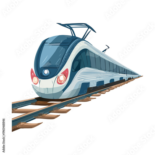 Modern high speed commuter train traveling on a railway track for urban public transit and sustainable city transportation infrastructure concepts