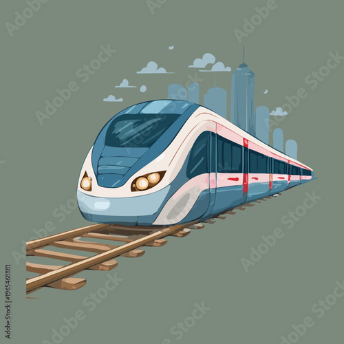 Fast commuter train on a curved railway track with an urban city background for public transportation and modern infrastructure themed graphics