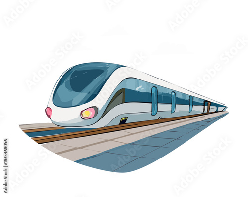 Aerodynamic silver bullet train speeding along the curved rail tracks during daylight for fast intercity commute and modern industrial logistics transport