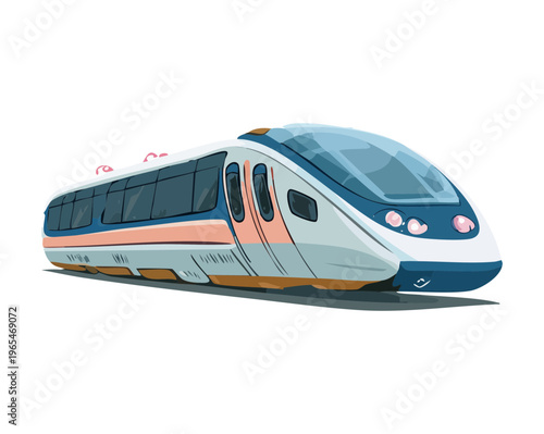 Side profile of a blue and white commuter train moving along the tracks for urban public transportation and sustainable mass transit solutions