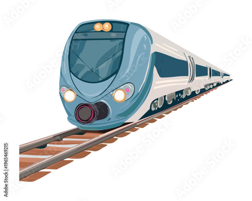 Front view of a modern high speed train approaching on railway tracks for rapid passenger transit and intercity transportation in contemporary style