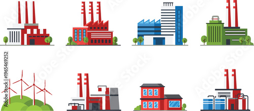 Vector illustration set of industrial factory buildings power plants and wind turbines for manufacturing energy production sustainable infrastructure and urban development business icons