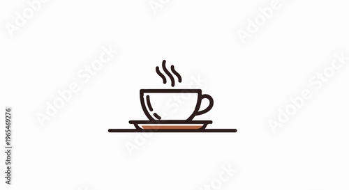 A steaming cup of coffee or tea on a saucer, simple line art icon