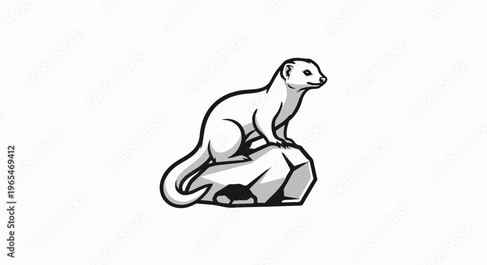 Fototapeta premium A black and white illustration of a white stoat on a rock