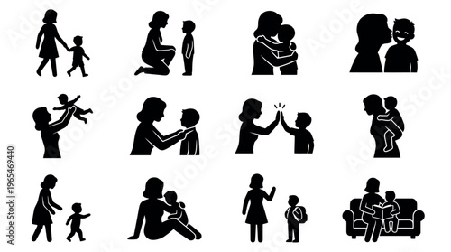 Mother and Child Bonding Activity Silhouette Icon Set Depicting Daily Parenting Moments Care and Nurturing Interactions